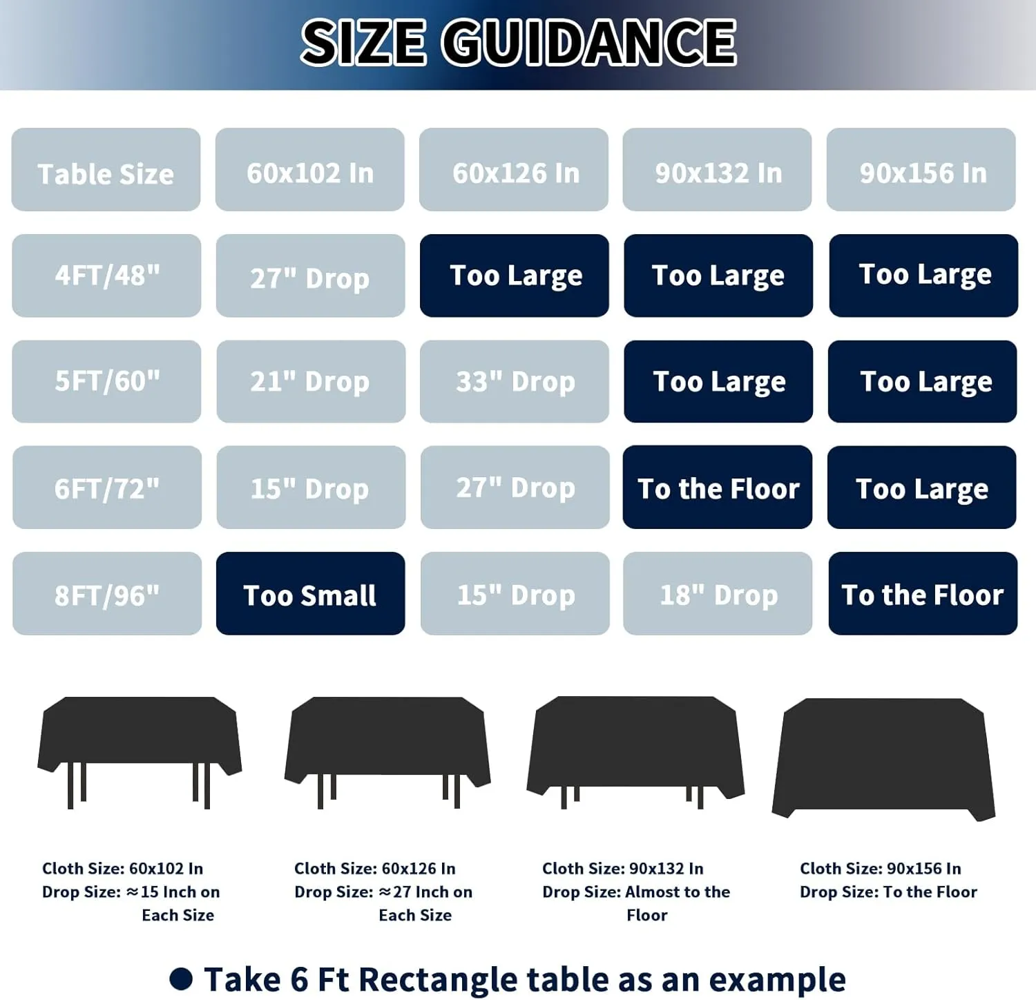PureFit 6 Pack Navy Blue Table Cloth 60 x 126 Inch, Stain and Wrinkle Resistant Table Linen for 6 Ft Rectangle Table, Polyester Table Covers for Dining Table, Wedding, Party, Banquet and Camping