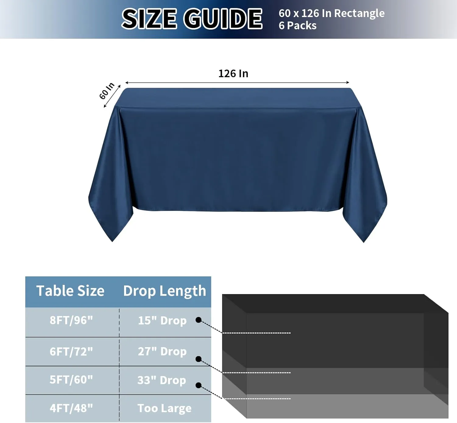 PureFit 6 Pack Navy Blue Table Cloth 60 x 126 Inch, Stain and Wrinkle Resistant Table Linen for 6 Ft Rectangle Table, Polyester Table Covers for Dining Table, Wedding, Party, Banquet and Camping