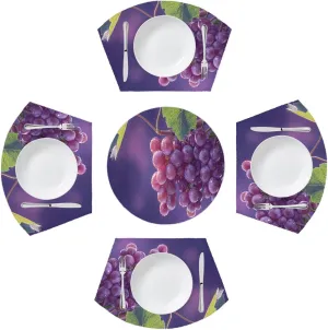 Purple Grapes Fruit Round Table Placemats Set of 5 Wedge Shaped Place Mat Washable Heat Resistant Table Mats for Dining Table