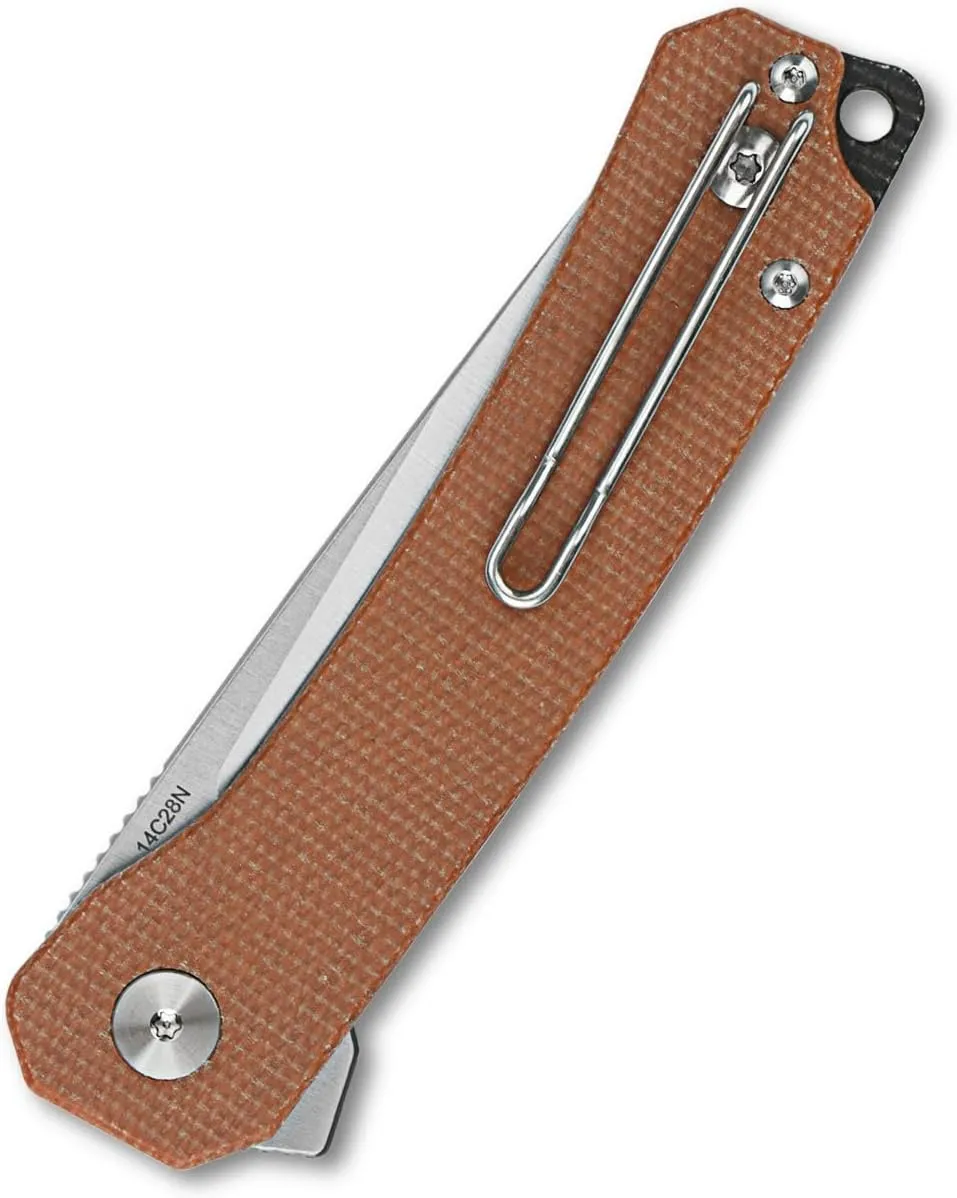 QSP Knife Osprey Folding Knife, 3.25in 14C28N Blade with Different Handle Variants, Reversible Tip Up Clip for Everyday Carry (Brown micarta)