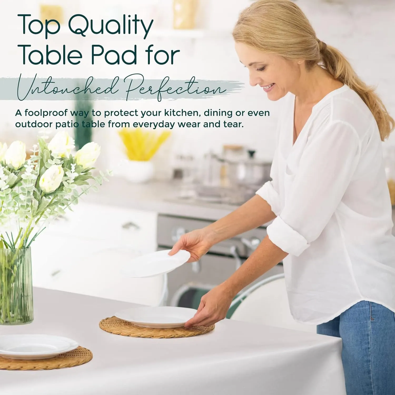 Quality Table Pad Protector, Waterproof Vinyl Table Cover for Superior Protection from Spills, Scratches & Heat - Reusable Table Cloth with Cushion Flannel Backing (54 x 72)