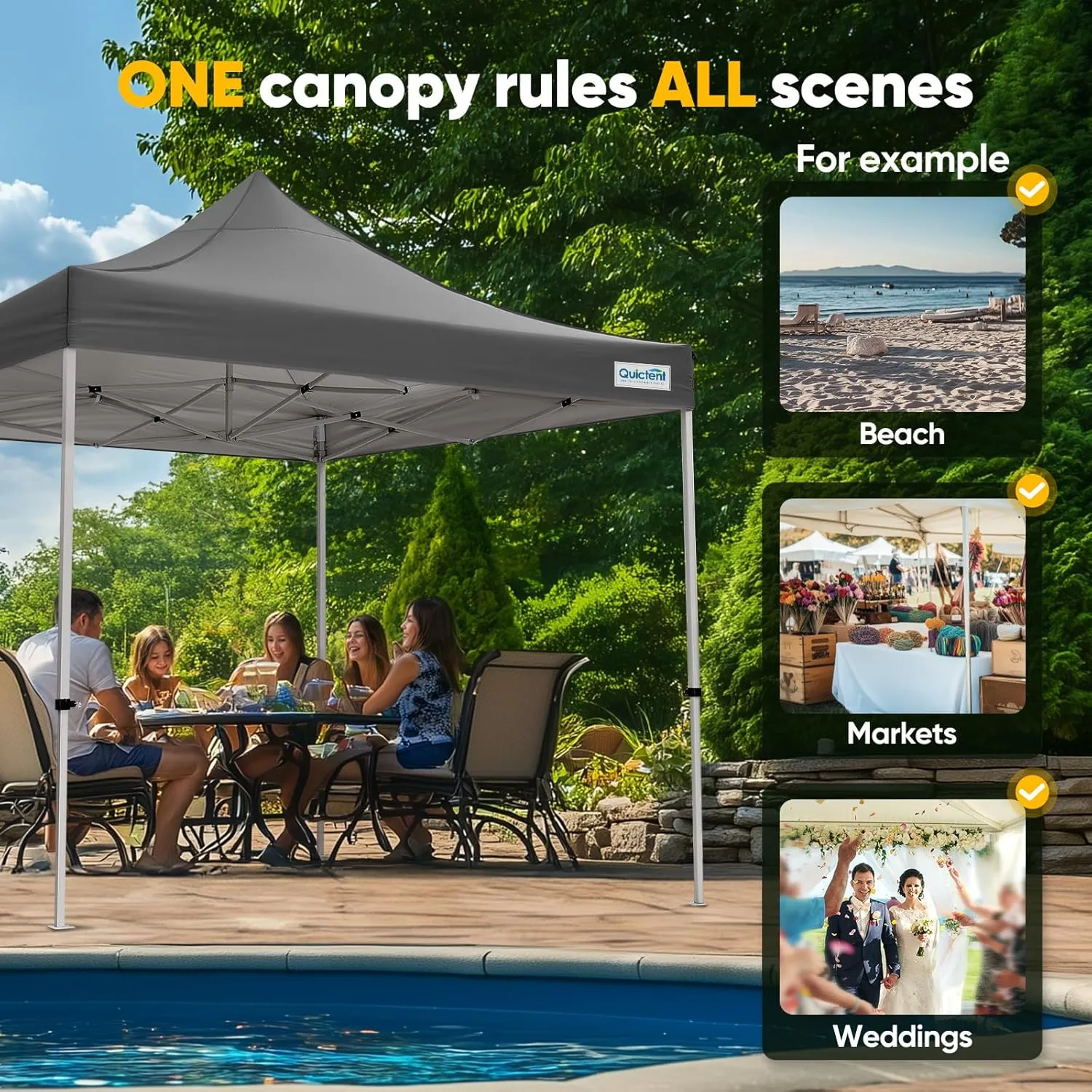 Quictent 10x10 Heavy Duty Pop up Canopy Tent, Commercial Grade Instant Shelter with Wheeled Bag for Outdoor, Beach, Parties, Markets, 500D Silver Coated UPF 50  Sun Shield
