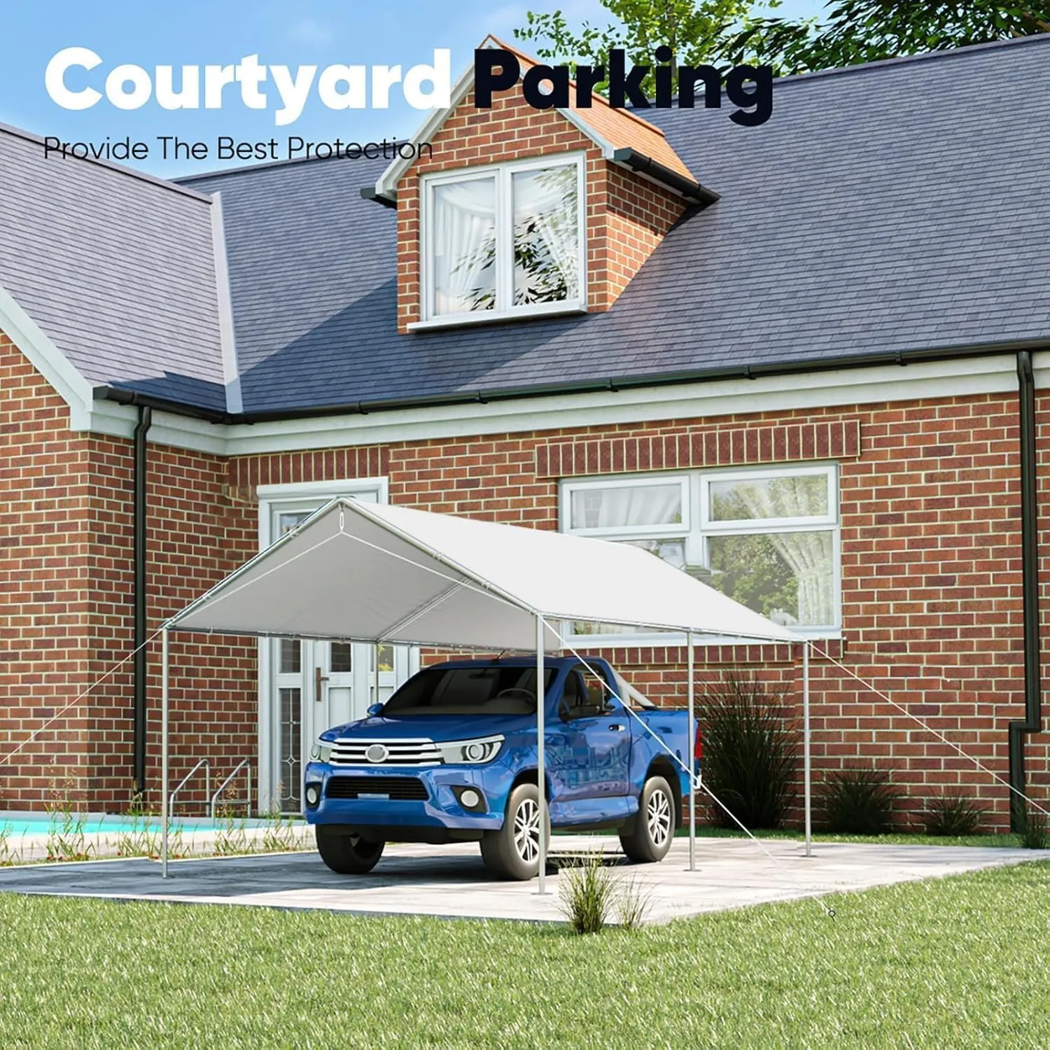 Quictent 10x15 ft Heavy Duty Car Canopy Galvanized Frame Carport Outdoor Party Tent Boat Shelter with 3 Reinforced Steel Cables - White