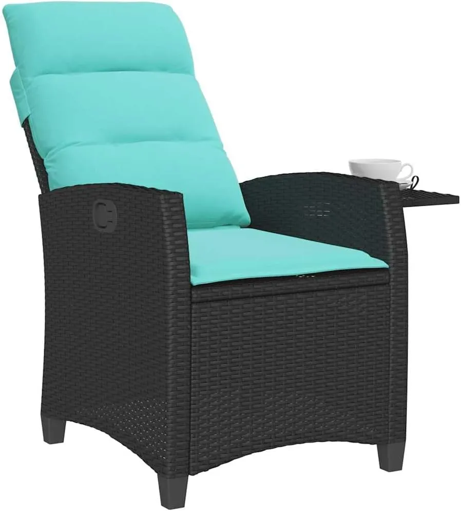Reclining Patio Chair with Adjustable Backrest and Foldable Side Table PE Rattan Outdoor Lounge Furniture Black for Poolside Tanning Backyard Relaxation
