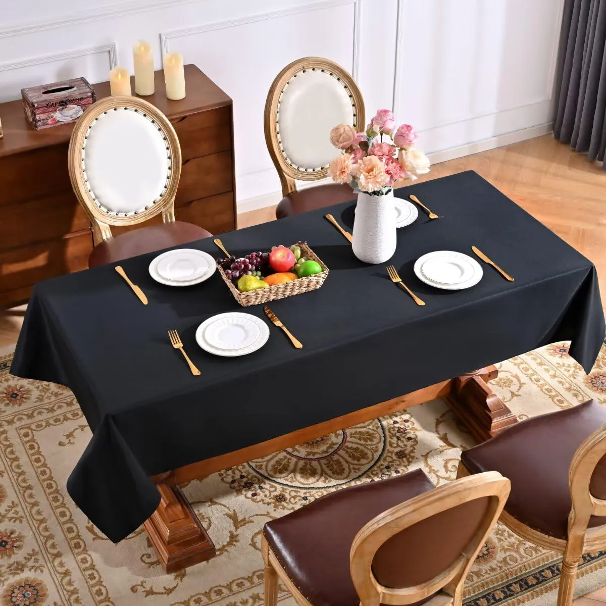 Rectangle Tablecloth Water and Stain Resistant Washable Table Cloth Selected Wrinkle Free Polyester Table Cover for Dining, Parties, Camping (90 x 156 Inch, Black)