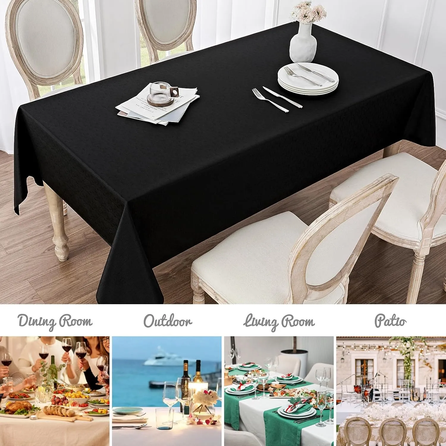 Rectangle Tablecloth Waterproof 60x104 inch Linen Textured Table Cloth Stain and Wrinkle Resistant Washable, Decorative Fabric Table Cover for Dining, Party and Camping, Black