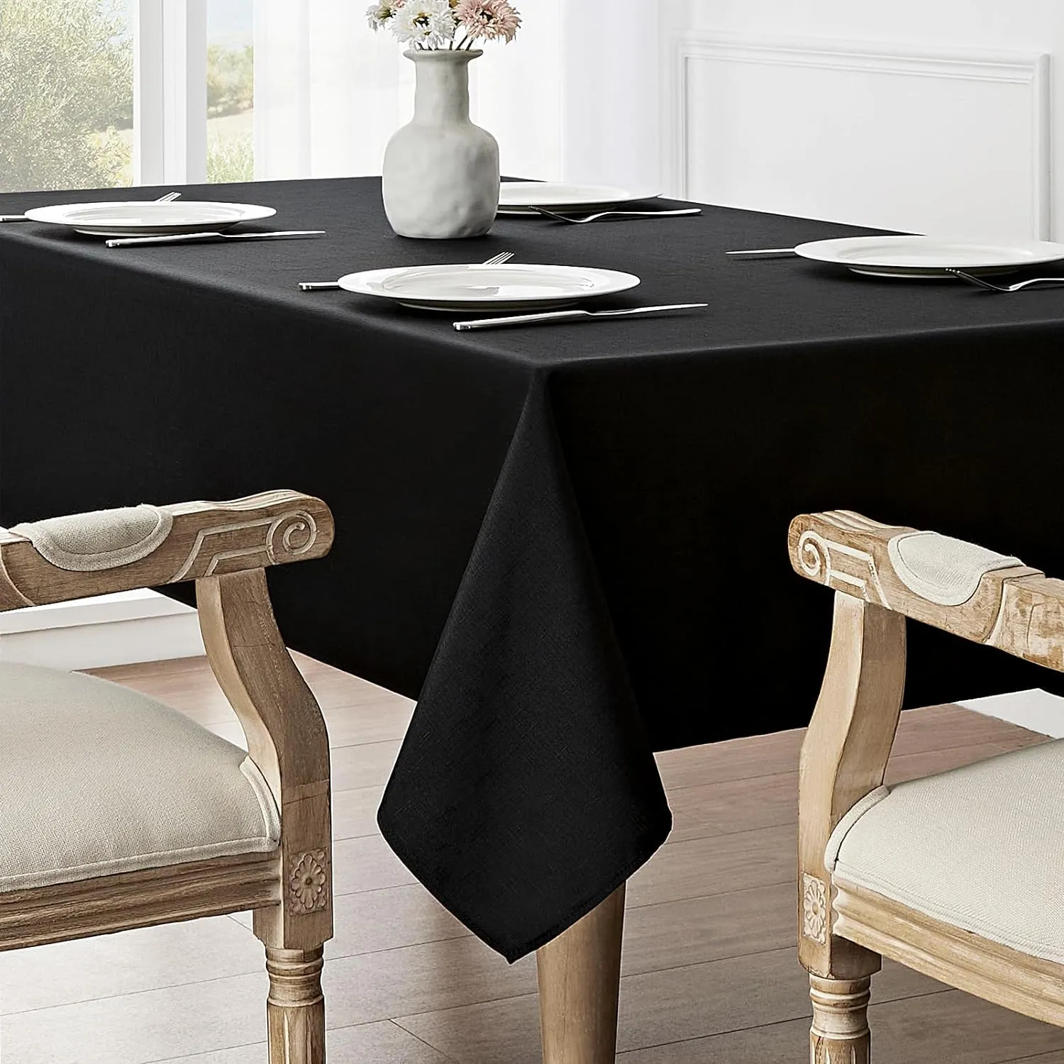 Rectangle Tablecloth Waterproof 60x104 inch Linen Textured Table Cloth Stain and Wrinkle Resistant Washable, Decorative Fabric Table Cover for Dining, Party and Camping, Black