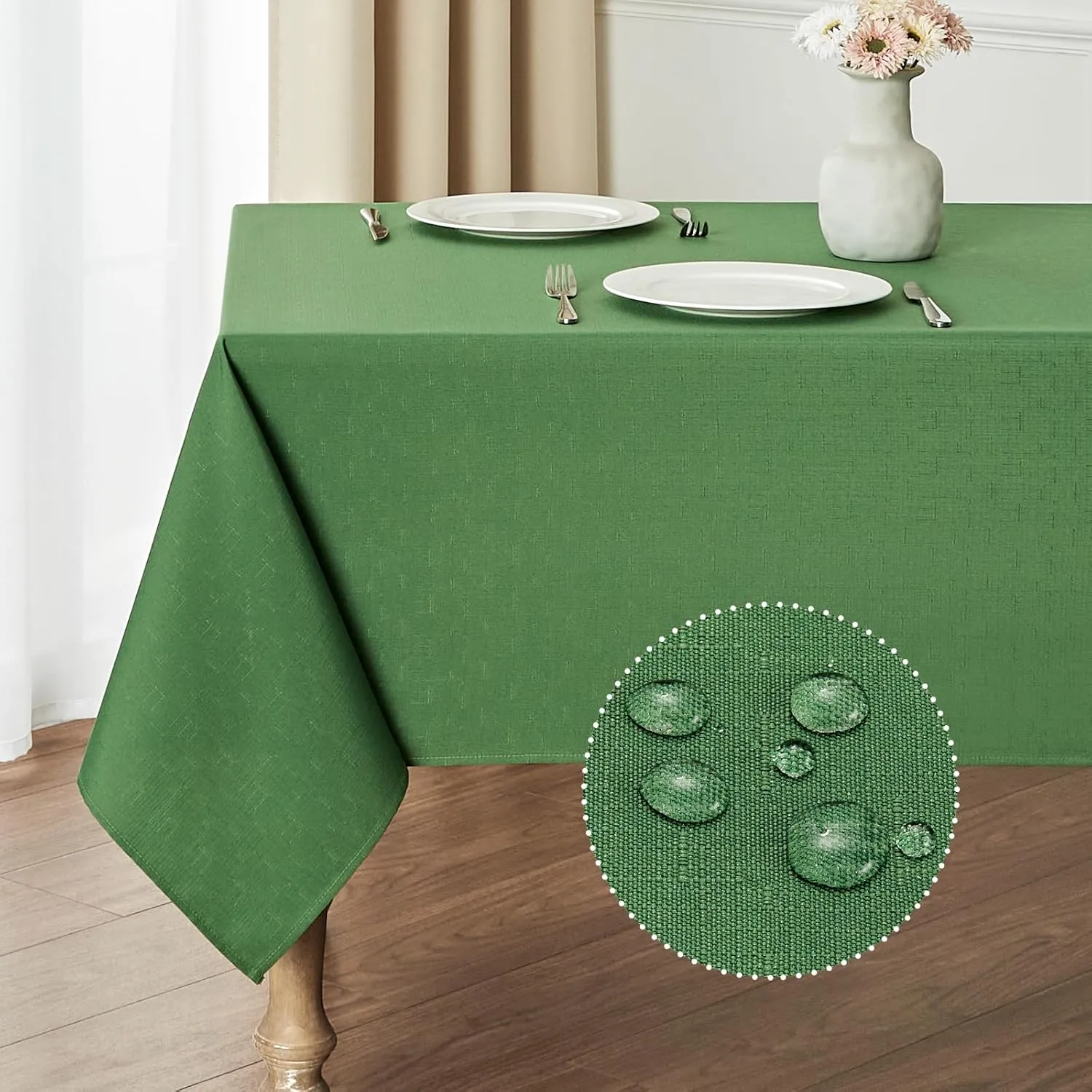 Rectangle Tablecloth Waterproof 60x104 inch Linen Textured Table Cloth Stain and Wrinkle Resistant Washable, Decorative Fabric Table Cover for Dining, Party and Camping, Green