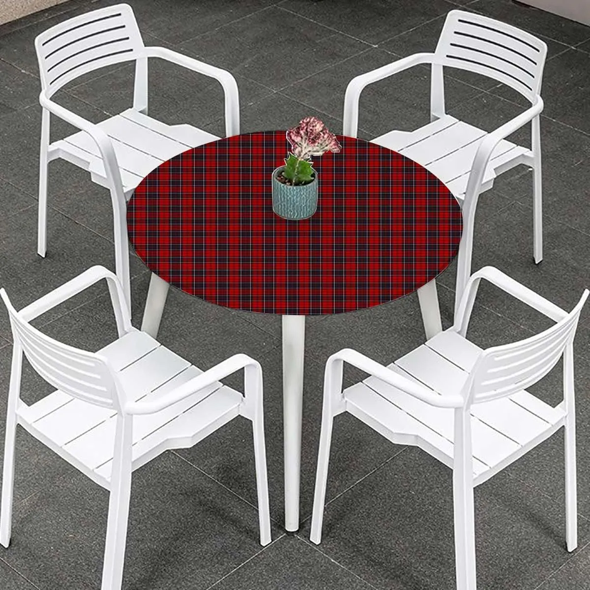 Red Black Round Tablecloth with Elastic Edges Traditional Tartan Colorful Striped Soft-Touch Fitted Table Cloth, Waterproof Oil-Proof Table Cover Geometric Fits up 40"-44" Diameter Tables