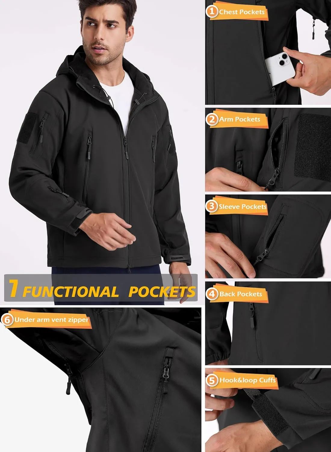 ReFire Gear Men's Army Special Ops Military Tactical Jacket Softshell Fleece Hooded Outdoor Coat
