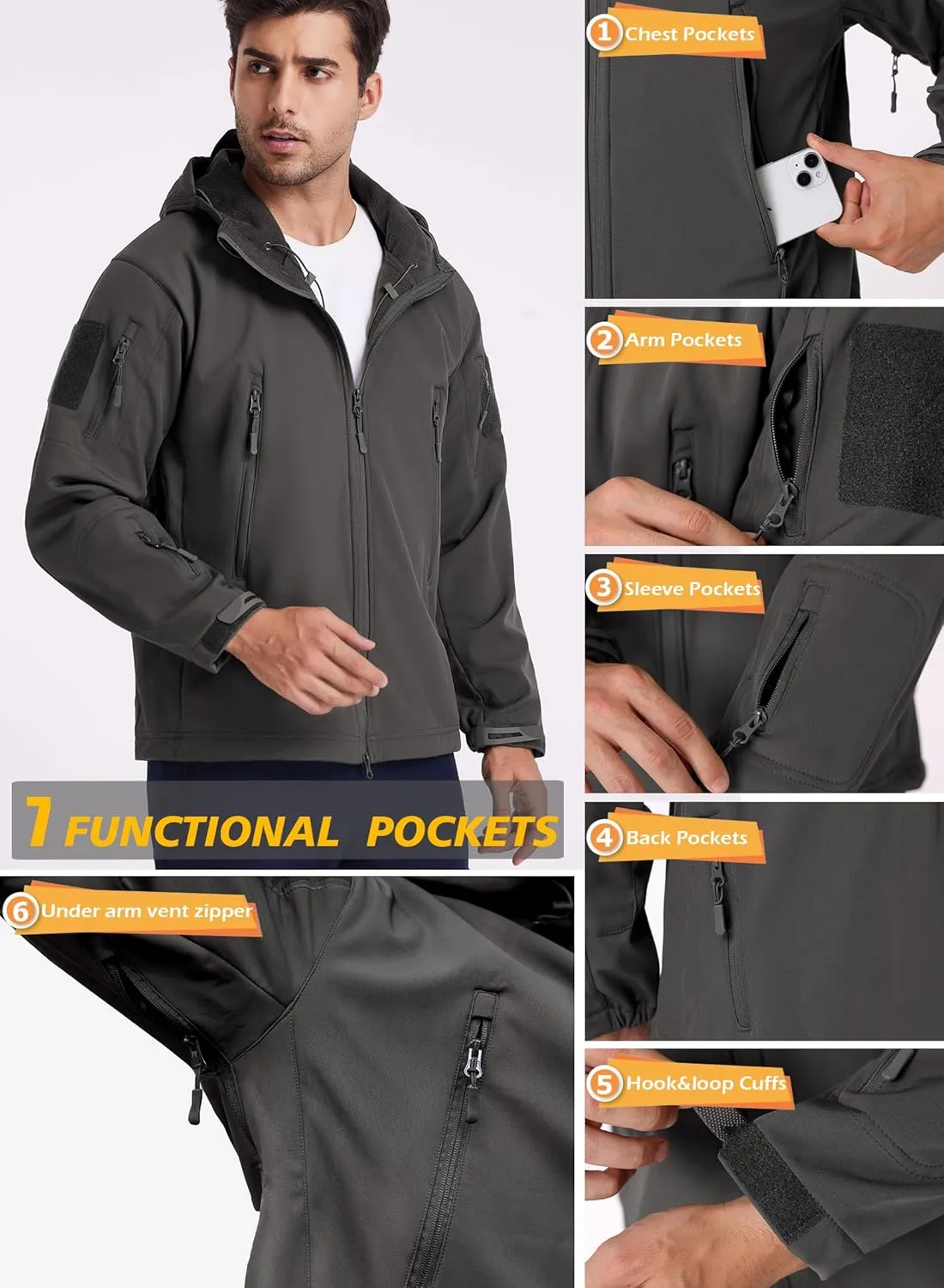 ReFire Gear Men's Army Special Ops Military Tactical Jacket Softshell Fleece Hooded Outdoor Coat