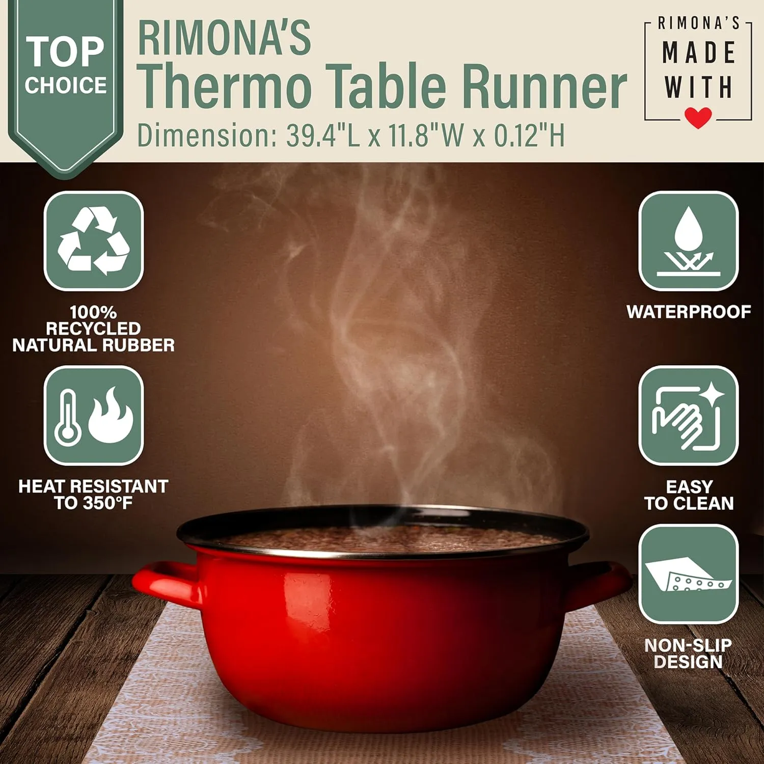RIMONA'S Heat Resistant Table Runner - Waterproof, Trivet Runner, Heat Proof Table Protector, Trivet Table Runner, Ideal for Gifting, Mother-in-Law Gift, All-Natural Cork Table Runner