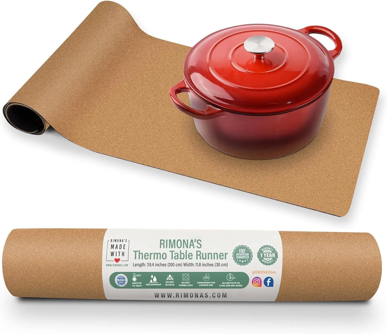 RIMONA'S Heat Resistant Table Runner - Waterproof, Trivet Runner, Heat Proof Table Protector, Trivet Table Runner, Ideal for Gifting, Mother-in-Law Gift, All-Natural Cork Table Runner