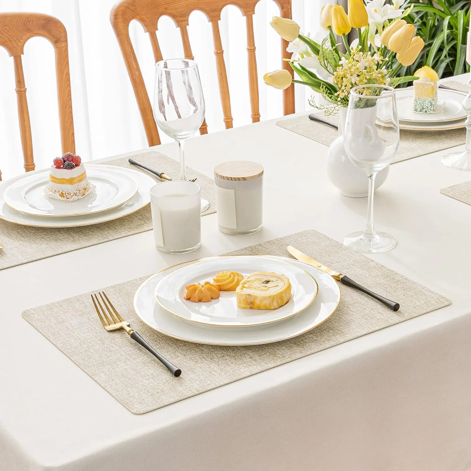 Romanstile Vinyl Placemats Set of 8-12 X 18 Inch - Heat Resistant Place Mats 100% Waterproof Oilproof Wipeable Reversible Faux Leather Table Mats for Kitchen/Dining/Party/Outdoor, Beige