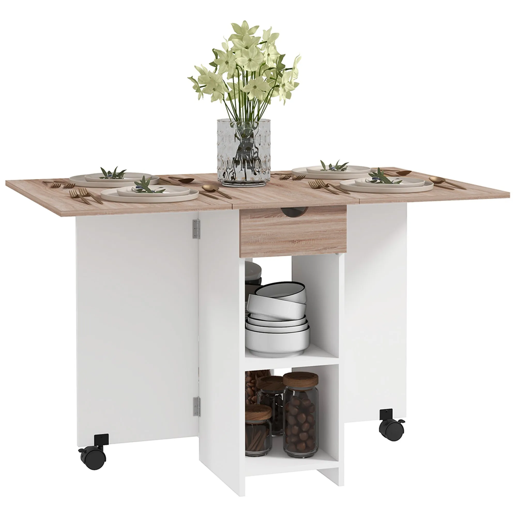 Rootz Foldable Dining Table - Pull-Out Table - Expanding Table - Seats 2-4, Space-Saving - 120cm x 72cm x 75cm Brown