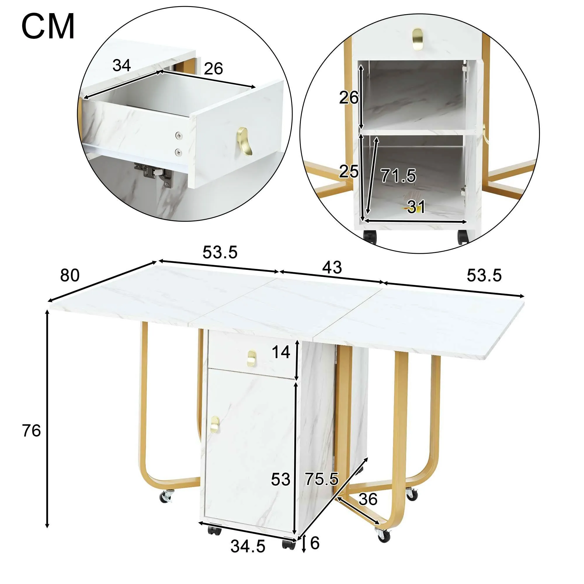 Rootz Foldable Dining Table - Versatile Kitchen Table - Rolling Table - Space-Saving, 2 Drawers - 150cm x 80cm x 76cm