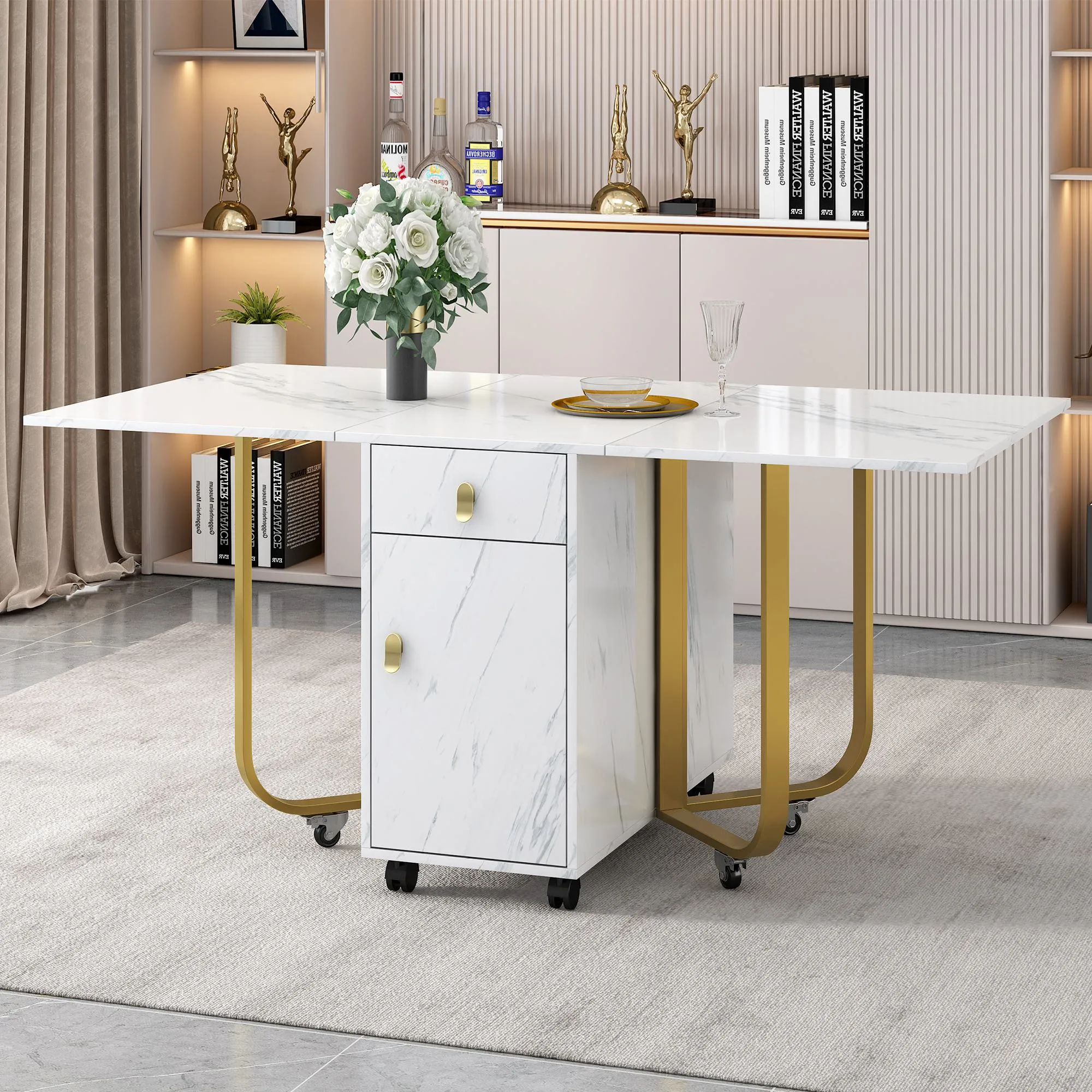 Rootz Foldable Dining Table - Versatile Kitchen Table - Rolling Table - Space-Saving, 2 Drawers - 150cm x 80cm x 76cm