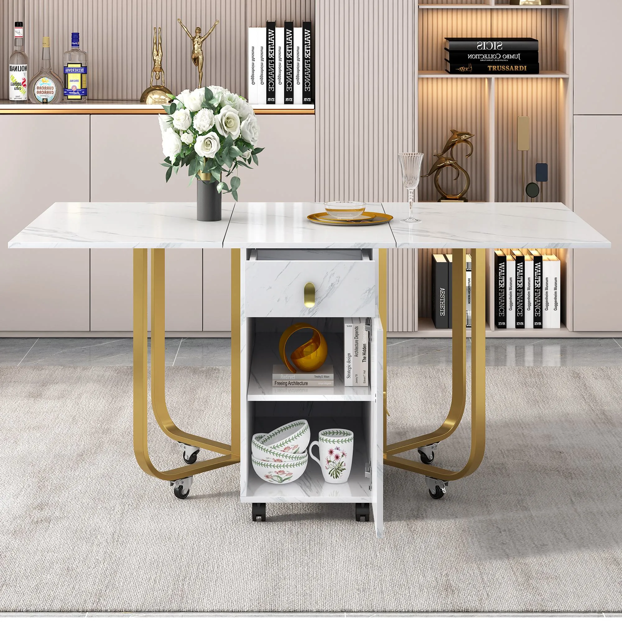 Rootz Foldable Dining Table - Versatile Kitchen Table - Rolling Table - Space-Saving, 2 Drawers - 150cm x 80cm x 76cm