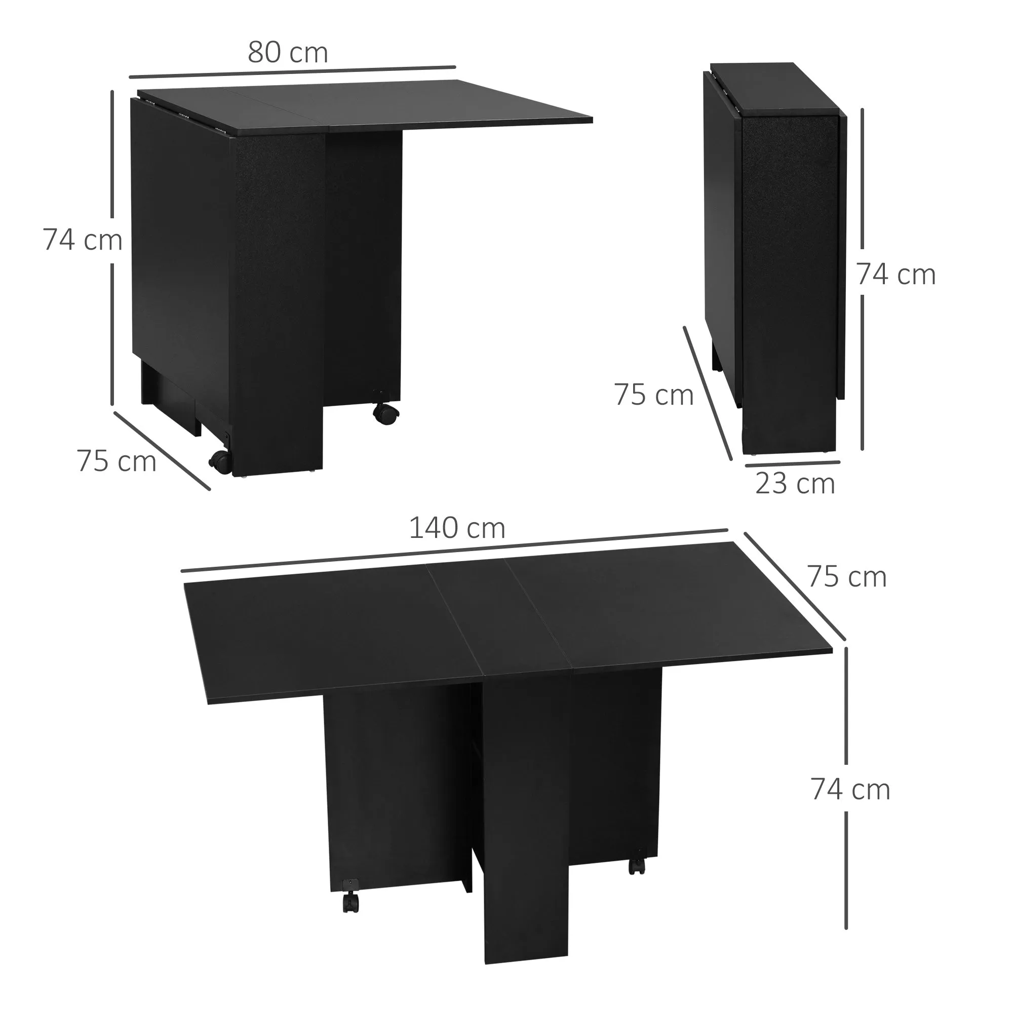 Rootz Foldable Kitchen Table - Dining Room Furniture - Rolling Table - Space-Saving - 75 x 140 x 74 cm Black