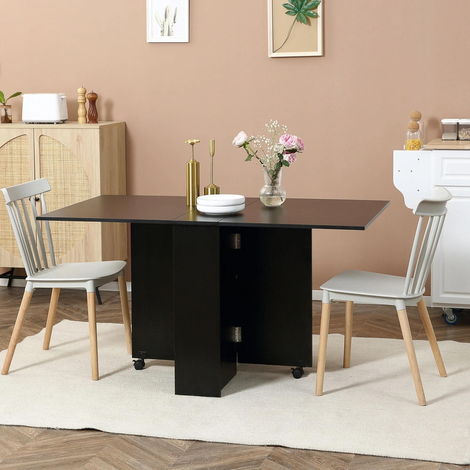 Rootz Foldable Kitchen Table - Dining Room Furniture - Rolling Table - Space-Saving - 75 x 140 x 74 cm Black