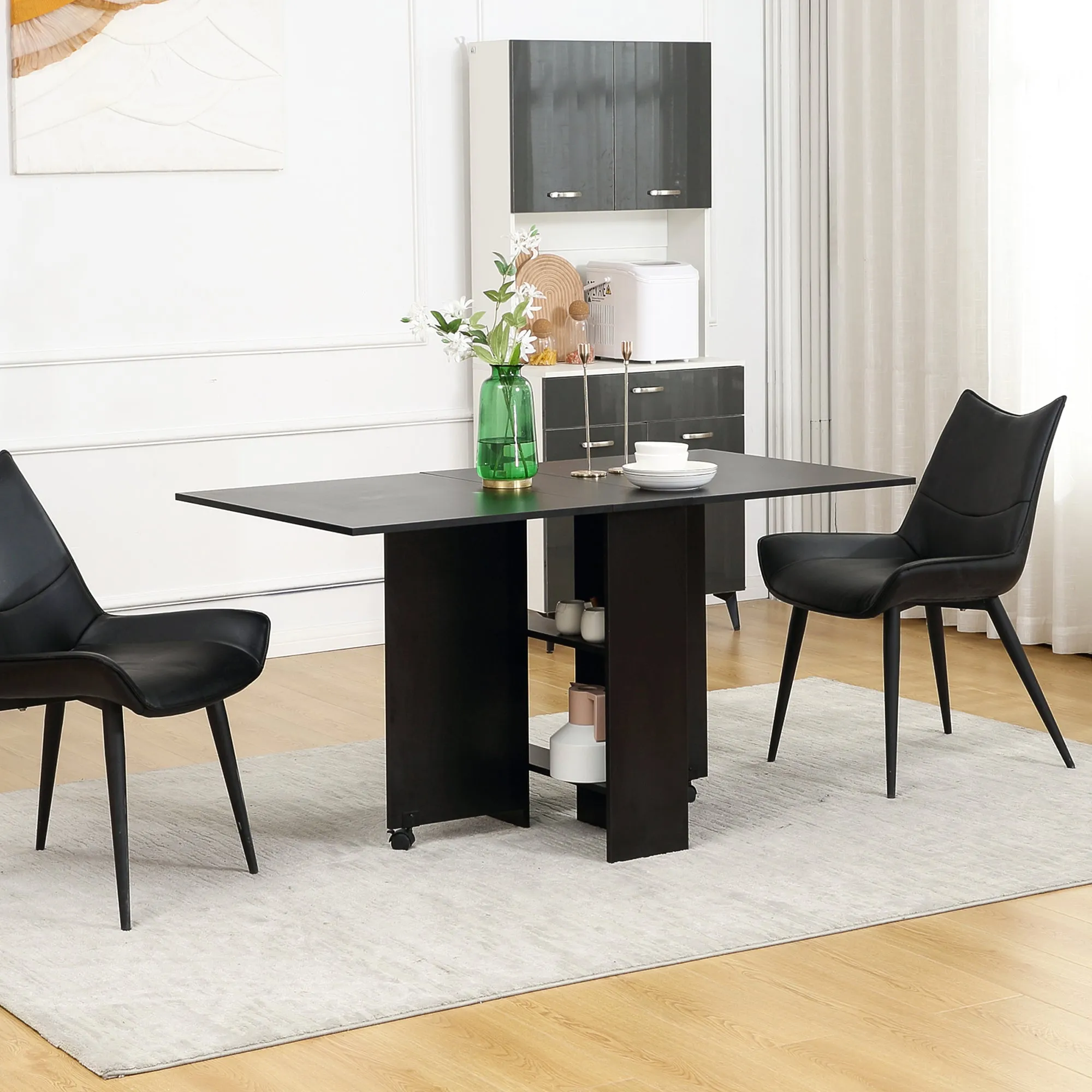 Rootz Foldable Kitchen Table - Dining Room Furniture - Rolling Table - Space-Saving - 75 x 140 x 74 cm Black