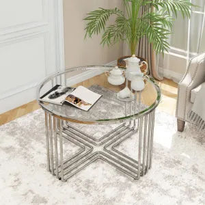 Round Coffee Table, Glass Coffee Tables for Small Space, Modern Center Table for Living Room, Sofa Side Table with Metal Steel Frame, Circle Coffee Table for Home, Office, Apartment, Silver