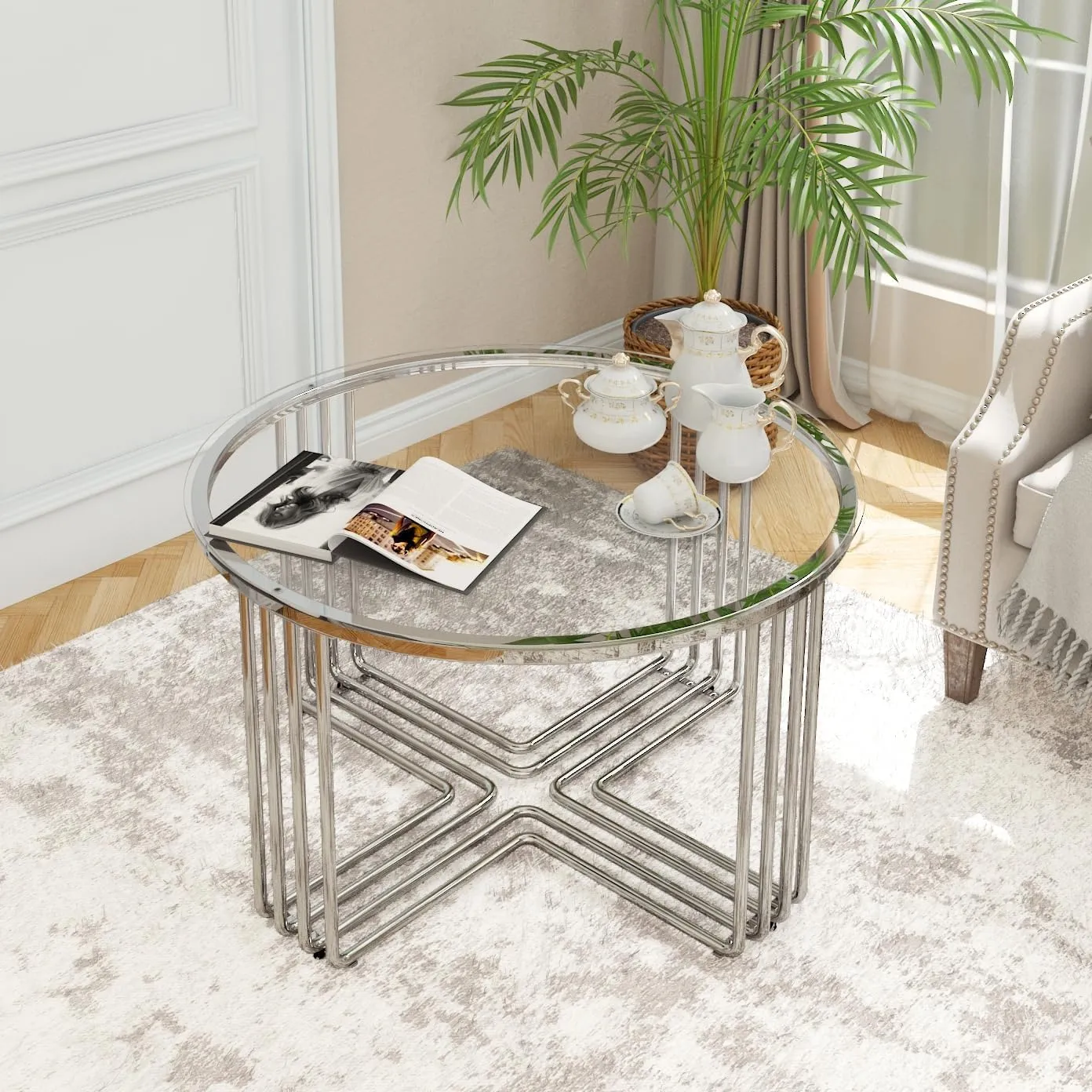 Round Coffee Table, Glass Coffee Tables for Small Space, Modern Center Table for Living Room, Sofa Side Table with Metal Steel Frame, Circle Coffee Table for Home, Office, Apartment, Silver