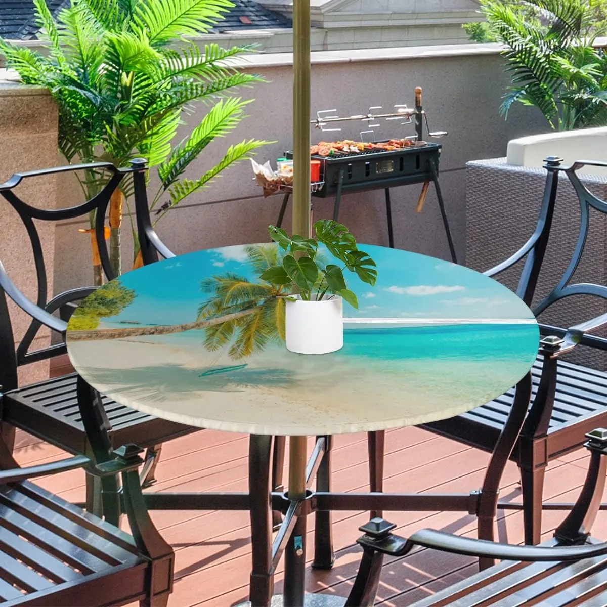 Round Fitted Tablecloth with Umbrella Hole Beach Tree Outdoor Tablecloth Waterproof Umbrella Table Cloth Zippered Tablecloth 45"-56" Round Elastic Table Cover for Patio