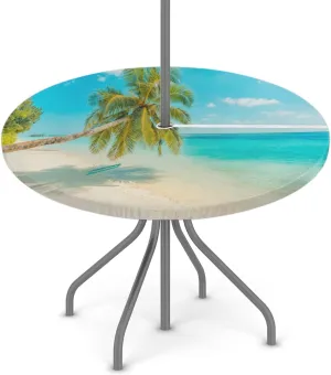 Round Fitted Tablecloth with Umbrella Hole Beach Tree Outdoor Tablecloth Waterproof Umbrella Table Cloth Zippered Tablecloth 45"-56" Round Elastic Table Cover for Patio