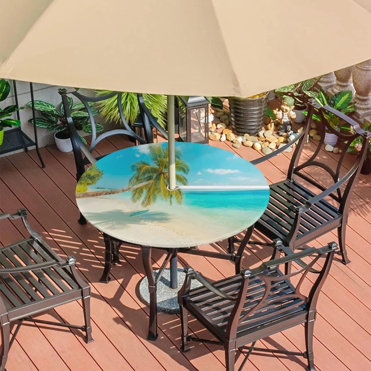 Round Fitted Tablecloth with Umbrella Hole Beach Tree Outdoor Tablecloth Waterproof Umbrella Table Cloth Zippered Tablecloth 45"-56" Round Elastic Table Cover for Patio