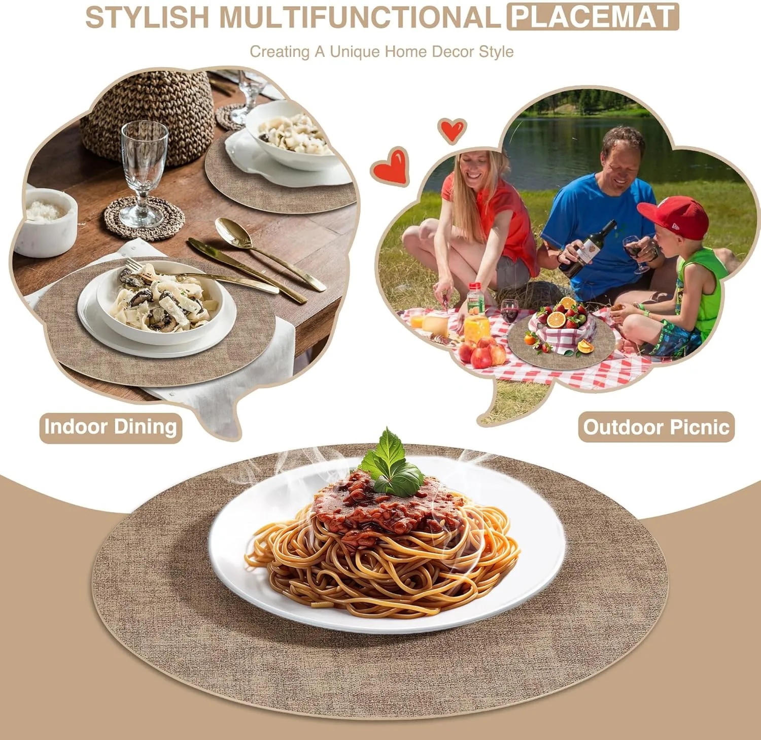 Round Placemats Set of 6, Reversible Faux Leather Heat Resistant Table Mats, 100% Waterproof Oilproof Wipeable Table Protective Placemats for Vinyl, Washable for Indoor & Outdoor Use (6, Light Coffee)