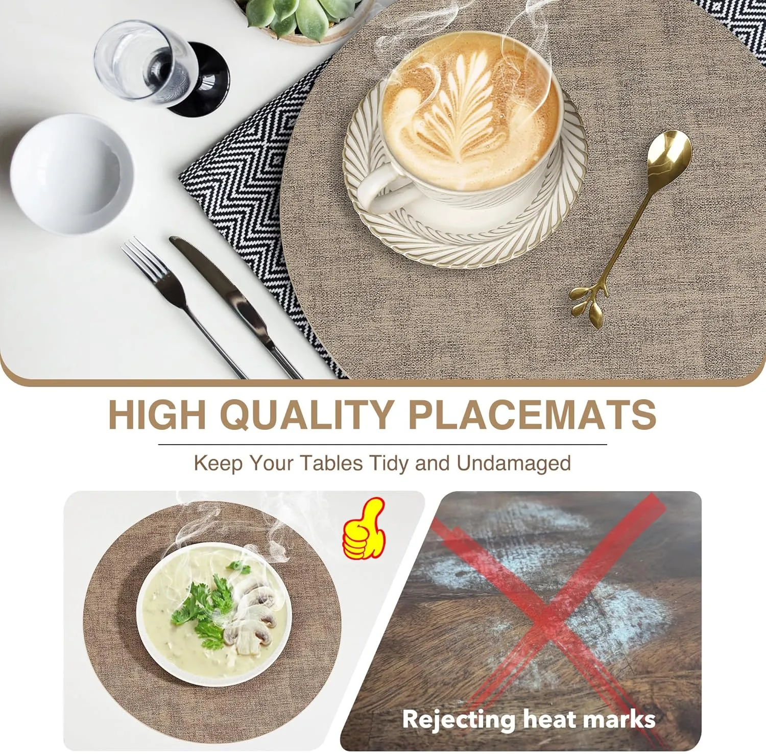Round Placemats Set of 6, Reversible Faux Leather Heat Resistant Table Mats, 100% Waterproof Oilproof Wipeable Table Protective Placemats for Vinyl, Washable for Indoor & Outdoor Use (6, Light Coffee)
