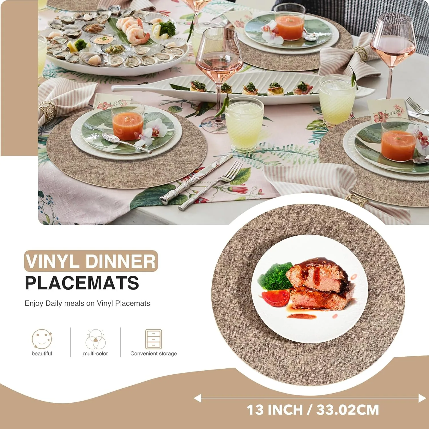 Round Placemats Set of 6, Reversible Faux Leather Heat Resistant Table Mats, 100% Waterproof Oilproof Wipeable Table Protective Placemats for Vinyl, Washable for Indoor & Outdoor Use (6, Light Coffee)