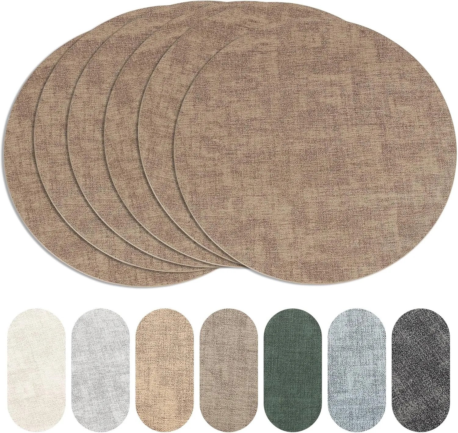 Round Placemats Set of 6, Reversible Faux Leather Heat Resistant Table Mats, 100% Waterproof Oilproof Wipeable Table Protective Placemats for Vinyl, Washable for Indoor & Outdoor Use (6, Light Coffee)