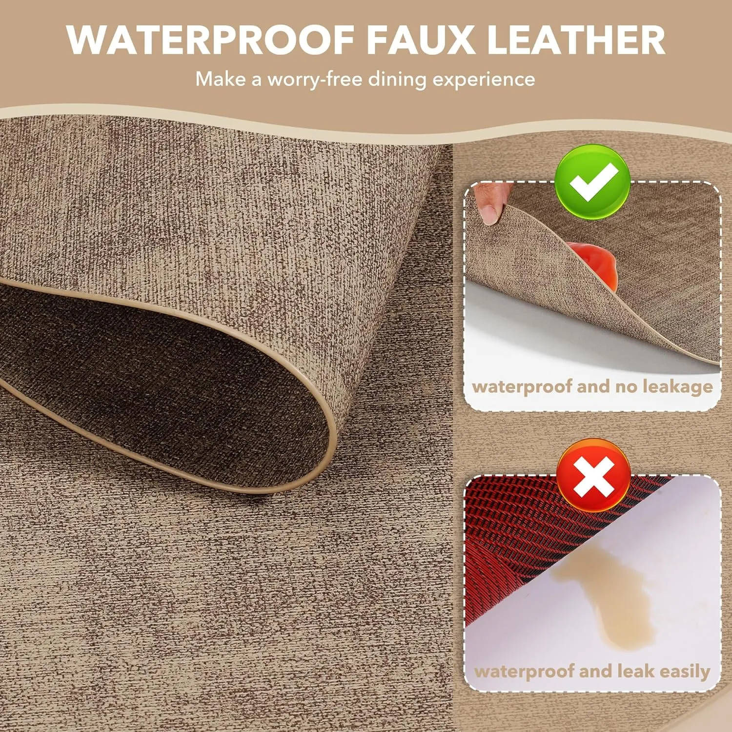 Round Placemats Set of 6, Reversible Faux Leather Heat Resistant Table Mats, 100% Waterproof Oilproof Wipeable Table Protective Placemats for Vinyl, Washable for Indoor & Outdoor Use (6, Light Coffee)