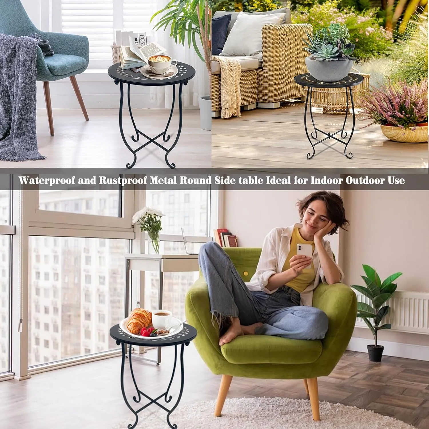 Round Side Table Set of 2, Metal Patio Side Tables End Tables, Weather Resistant Round Coffee Table Bedside Table Nightstand for Home Garden Office, 14 Inch Outdoor Side Table for Patio Balcony Yard