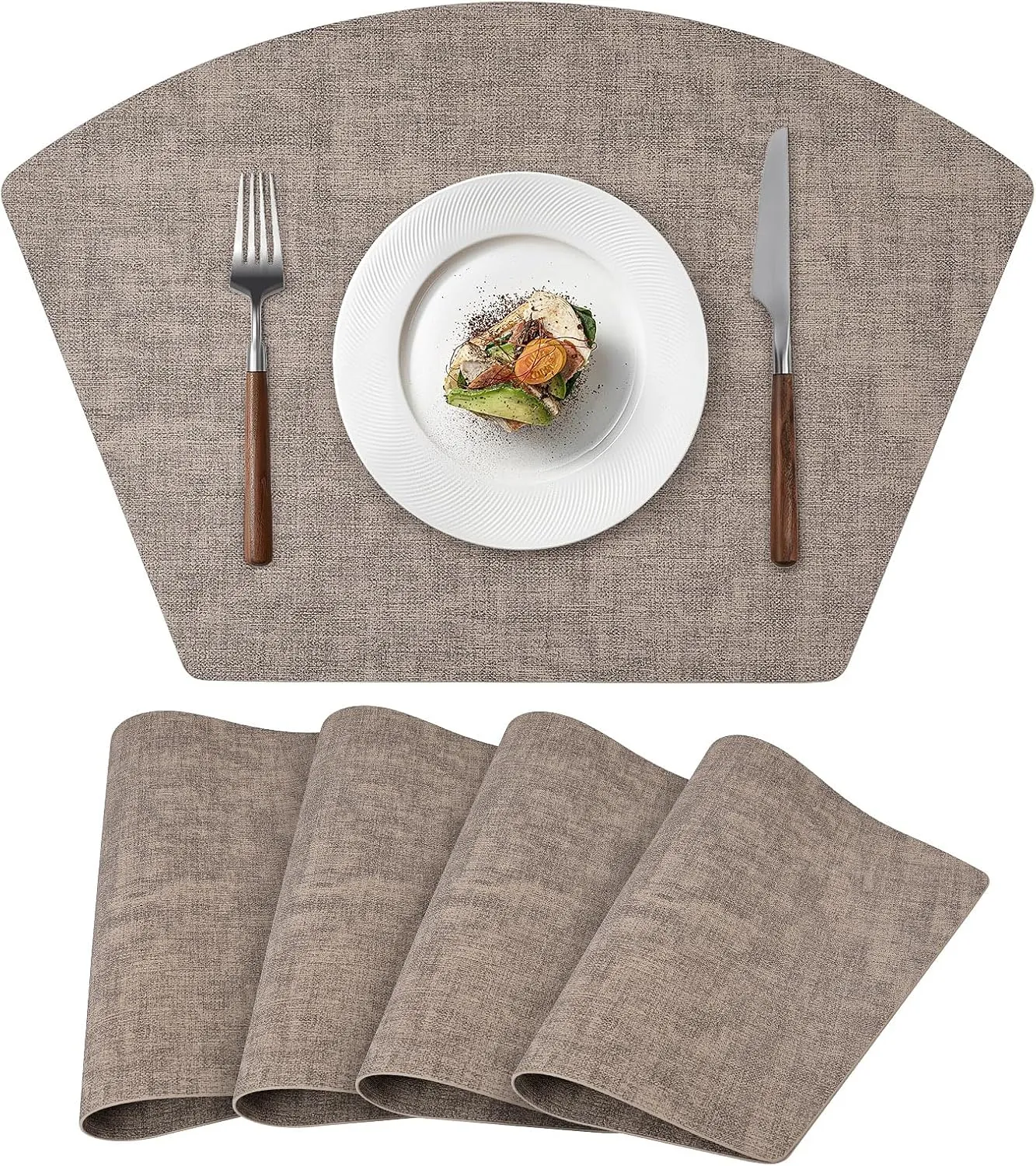 Round Table Placemats Set of 4, Faux Leather Wedge Shape Place Mats Heat Resistant Wipeable Washable Table Mats for Dining Outdoor Indoor, Camel