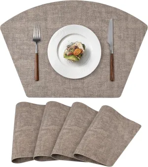 Round Table Placemats Set of 4, Faux Leather Wedge Shape Place Mats Heat Resistant Wipeable Washable Table Mats for Dining Outdoor Indoor, Camel