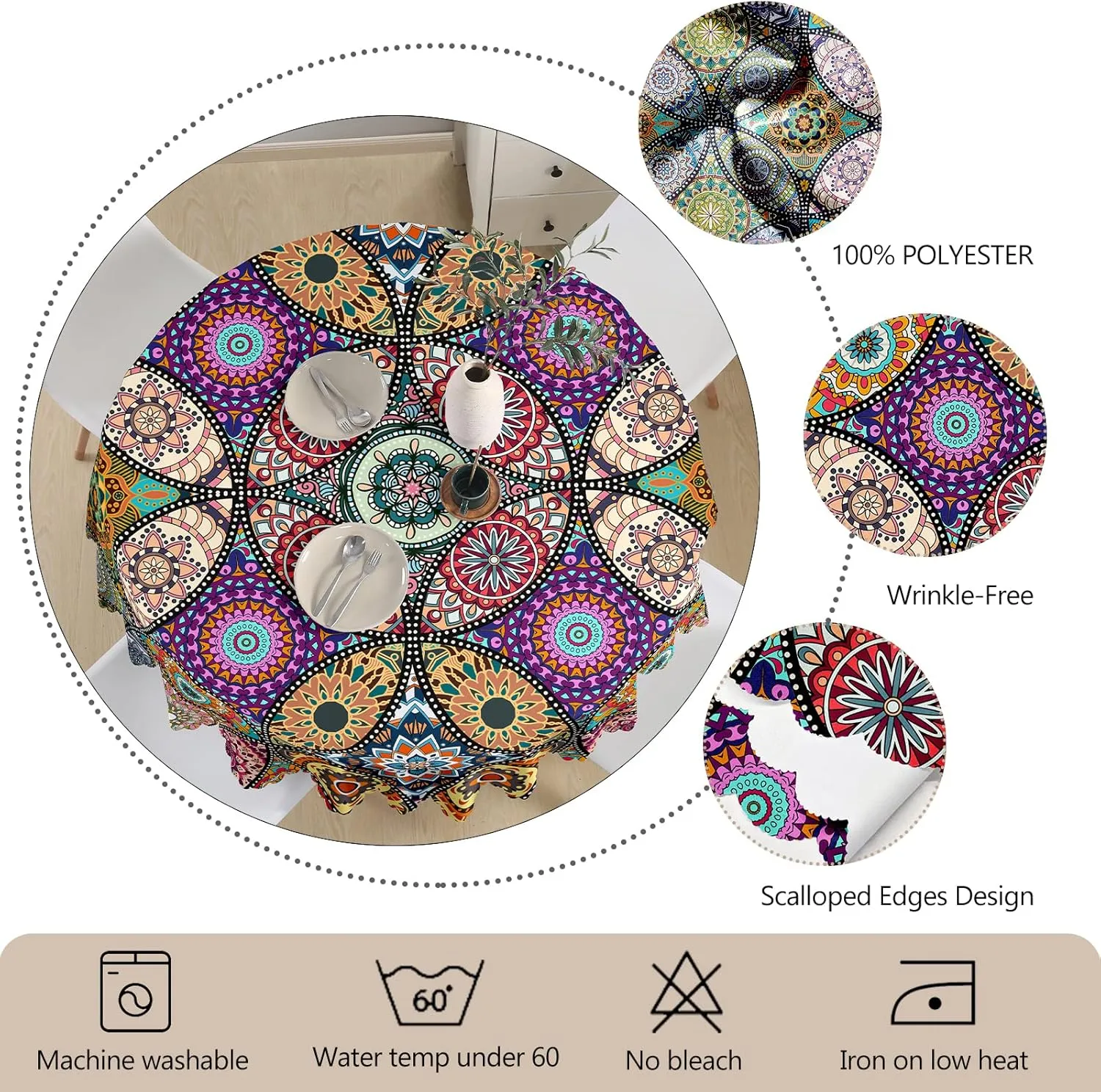Round Tablecloth 60 inch, Boho Circle Table Cloth, Stain Resistance, Water Repellent and Wrinkle-Free, Table Cover Decor for Home Kitchen Dining Party Patio Indoor and Outdoor Use, 60''x60''