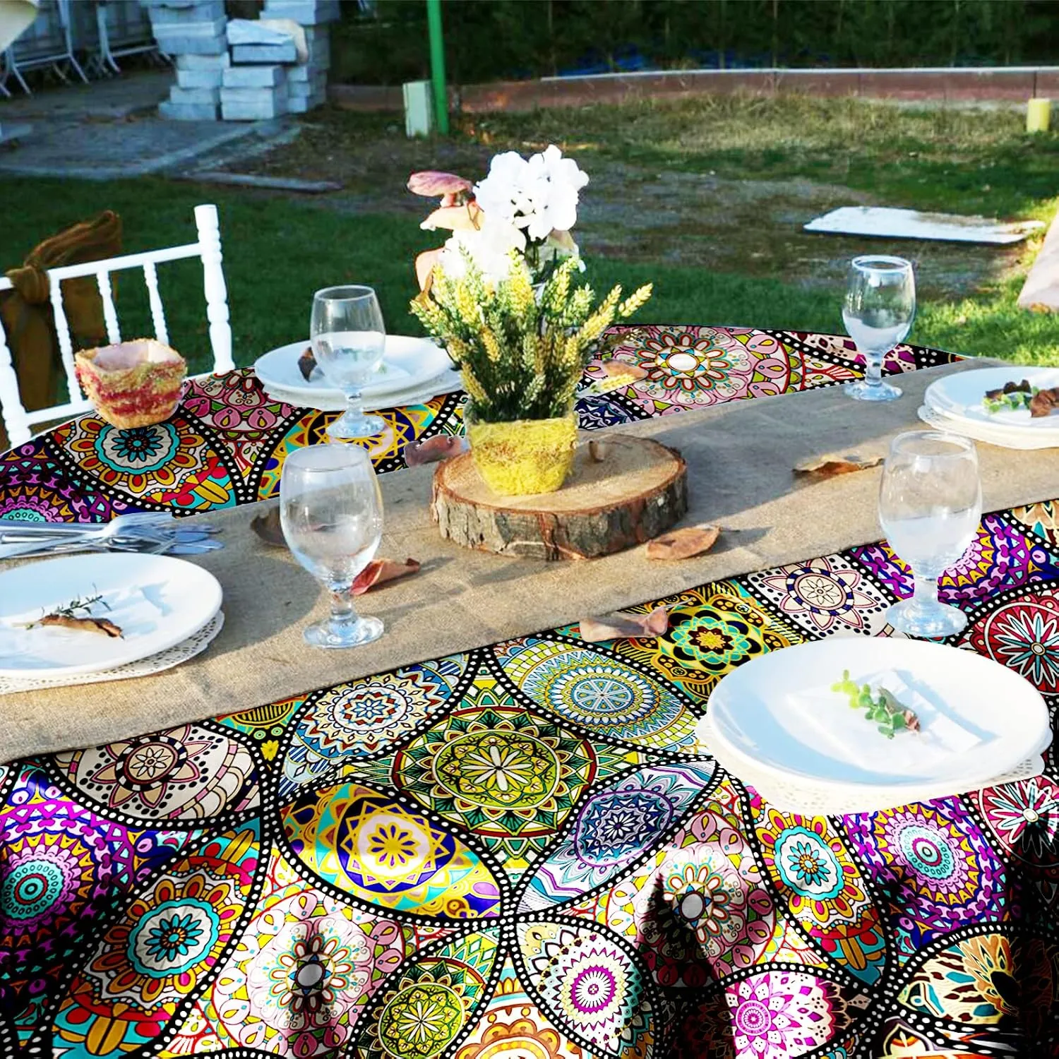 Round Tablecloth 60 inch, Boho Circle Table Cloth, Stain Resistance, Water Repellent and Wrinkle-Free, Table Cover Decor for Home Kitchen Dining Party Patio Indoor and Outdoor Use, 60''x60''