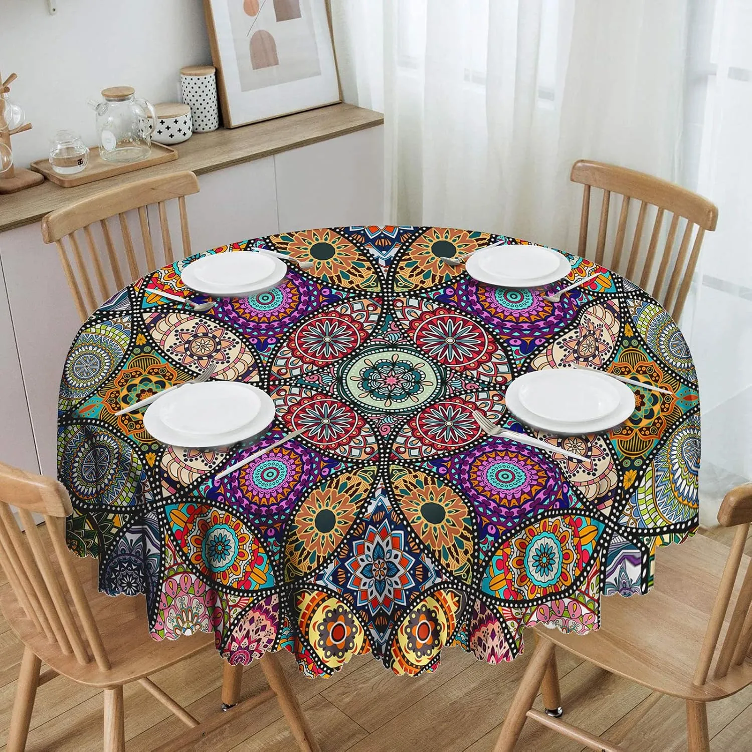 Round Tablecloth 60 inch, Boho Circle Table Cloth, Stain Resistance, Water Repellent and Wrinkle-Free, Table Cover Decor for Home Kitchen Dining Party Patio Indoor and Outdoor Use, 60''x60''