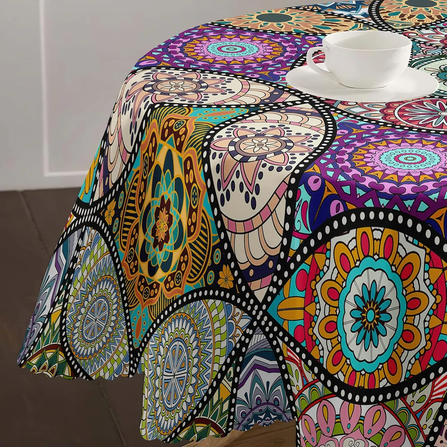 Round Tablecloth 60 inch, Boho Circle Table Cloth, Stain Resistance, Water Repellent and Wrinkle-Free, Table Cover Decor for Home Kitchen Dining Party Patio Indoor and Outdoor Use, 60''x60''