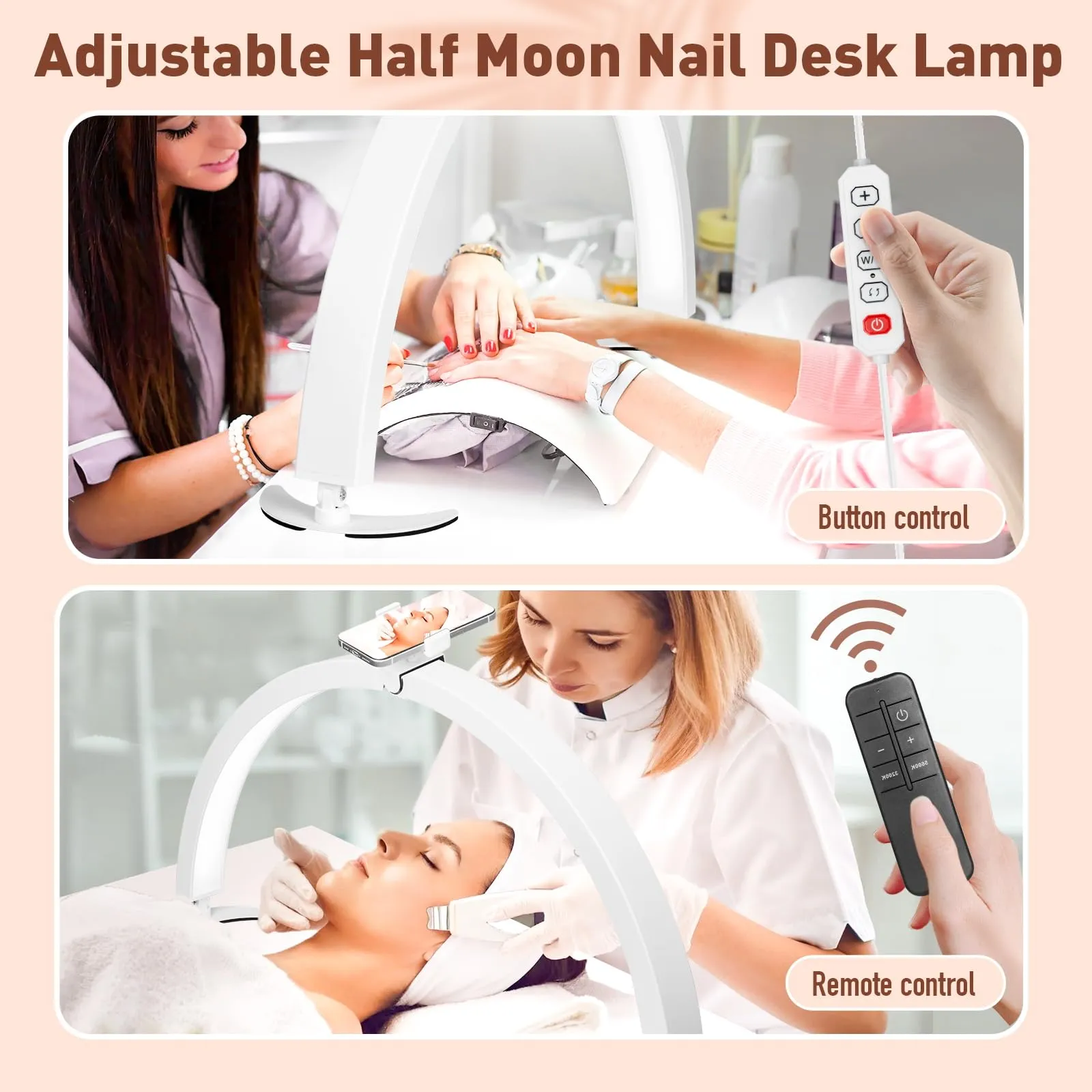 Rynx | Hitti Half Moon Nail Table Lamp with Phone Holder, 7 Colors, 10 Brightness Levels, Remote Control - White
