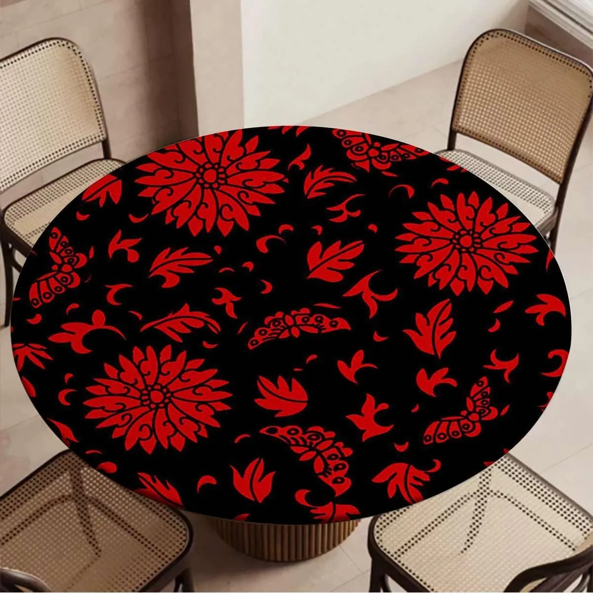 Salmon Plum Black Round Tables Tablecloth Table Cloth Medieval Flowers Leaves Design Tablecloth Elastic Fitted Edge Table Cloth Round Table Cover Victorian Fit for 40"-43" Table