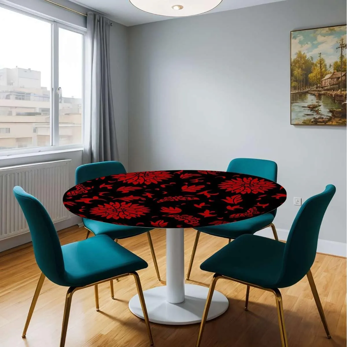 Salmon Plum Black Round Tables Tablecloth Table Cloth Medieval Flowers Leaves Design Tablecloth Elastic Fitted Edge Table Cloth Round Table Cover Victorian Fit for 40"-43" Table