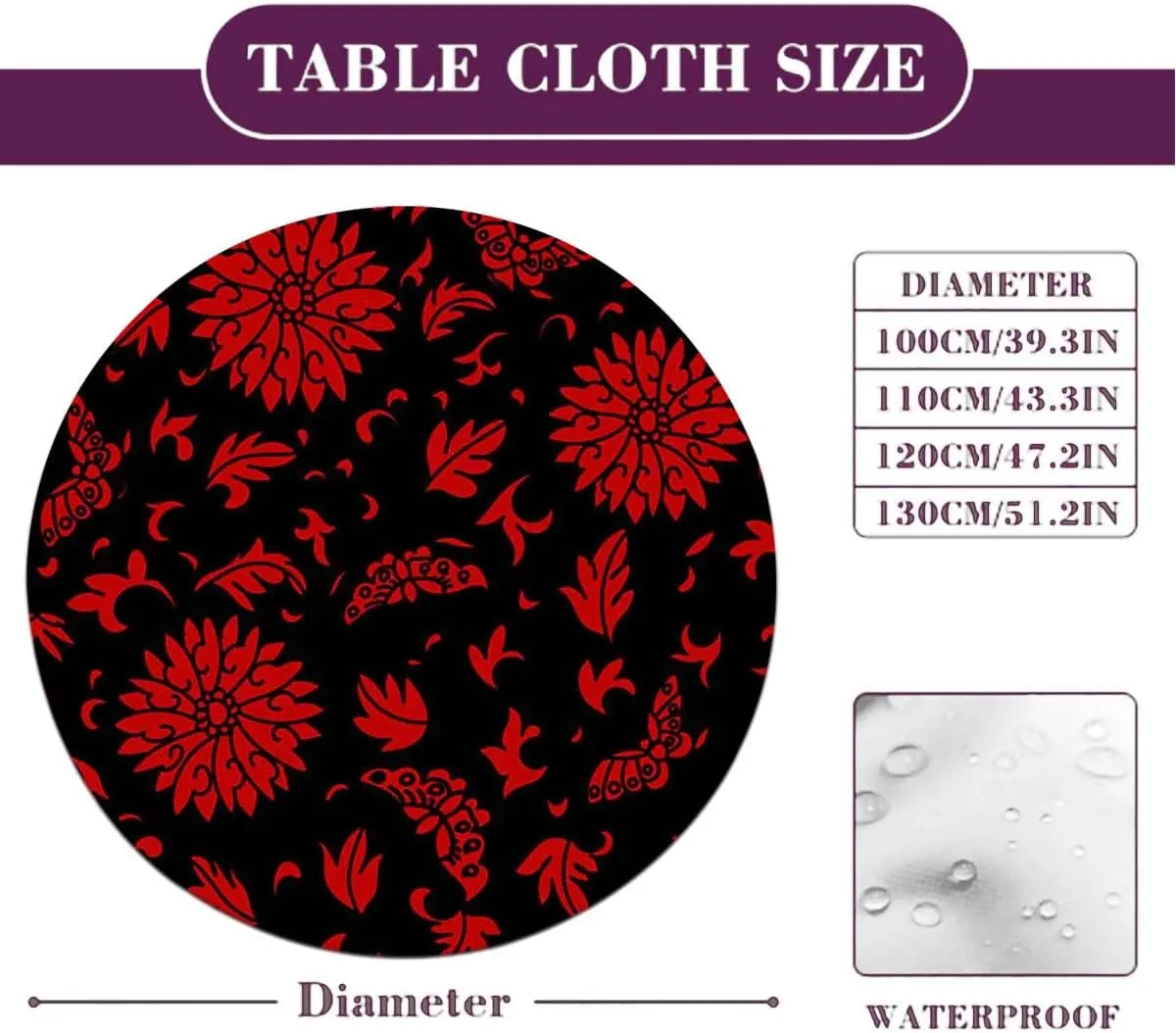 Salmon Plum Black Round Tables Tablecloth Table Cloth Medieval Flowers Leaves Design Tablecloth Elastic Fitted Edge Table Cloth Round Table Cover Victorian Fit for 40"-43" Table