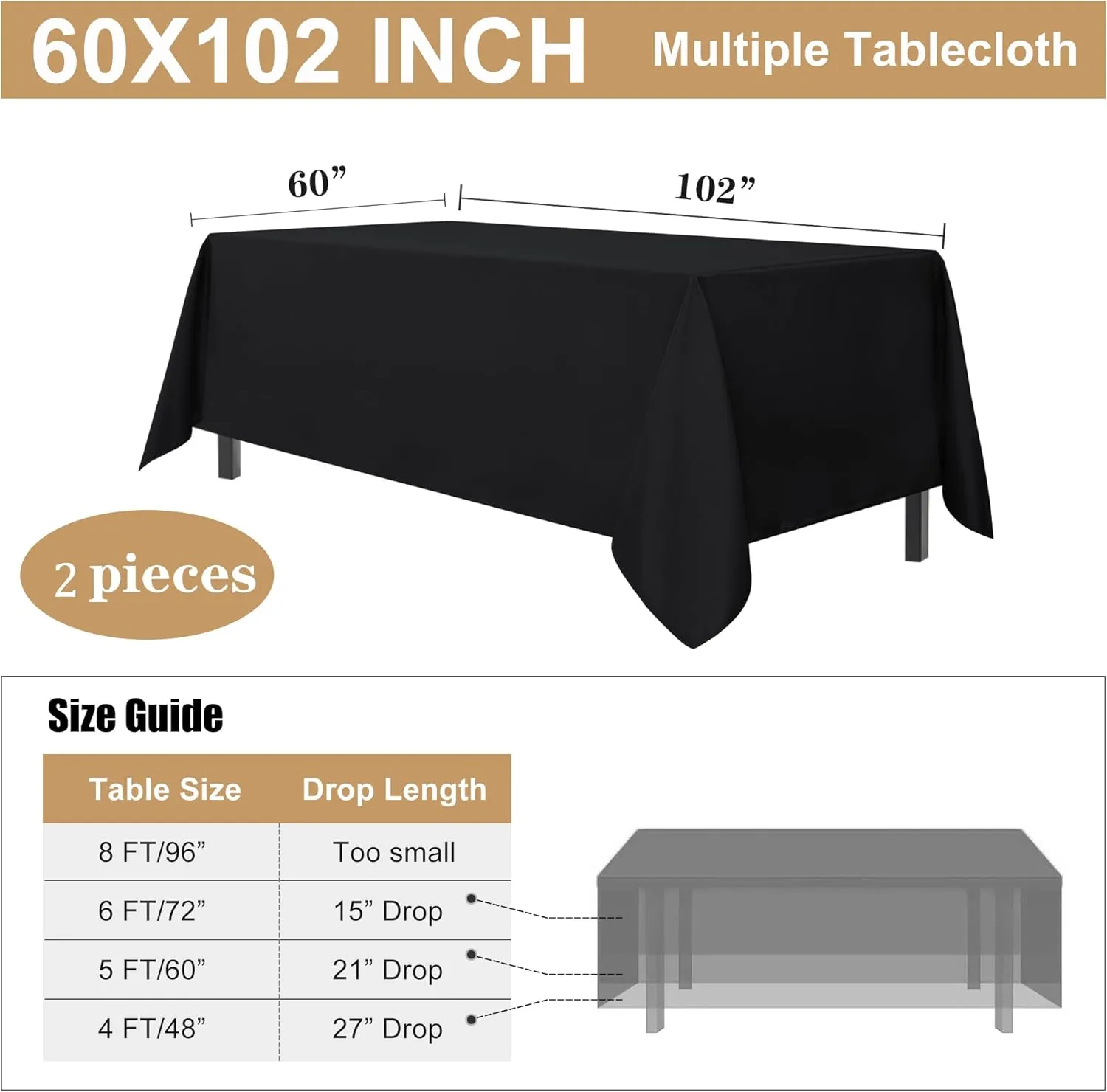 sancua 2 Pack Black Tablecloth 60 x 102 Inch, Rectangle 6 Feet Table Cloth - Stain and Wrinkle Resistant Washable Polyester Table Cover for Dining Tables, Buffet Parties and Camping