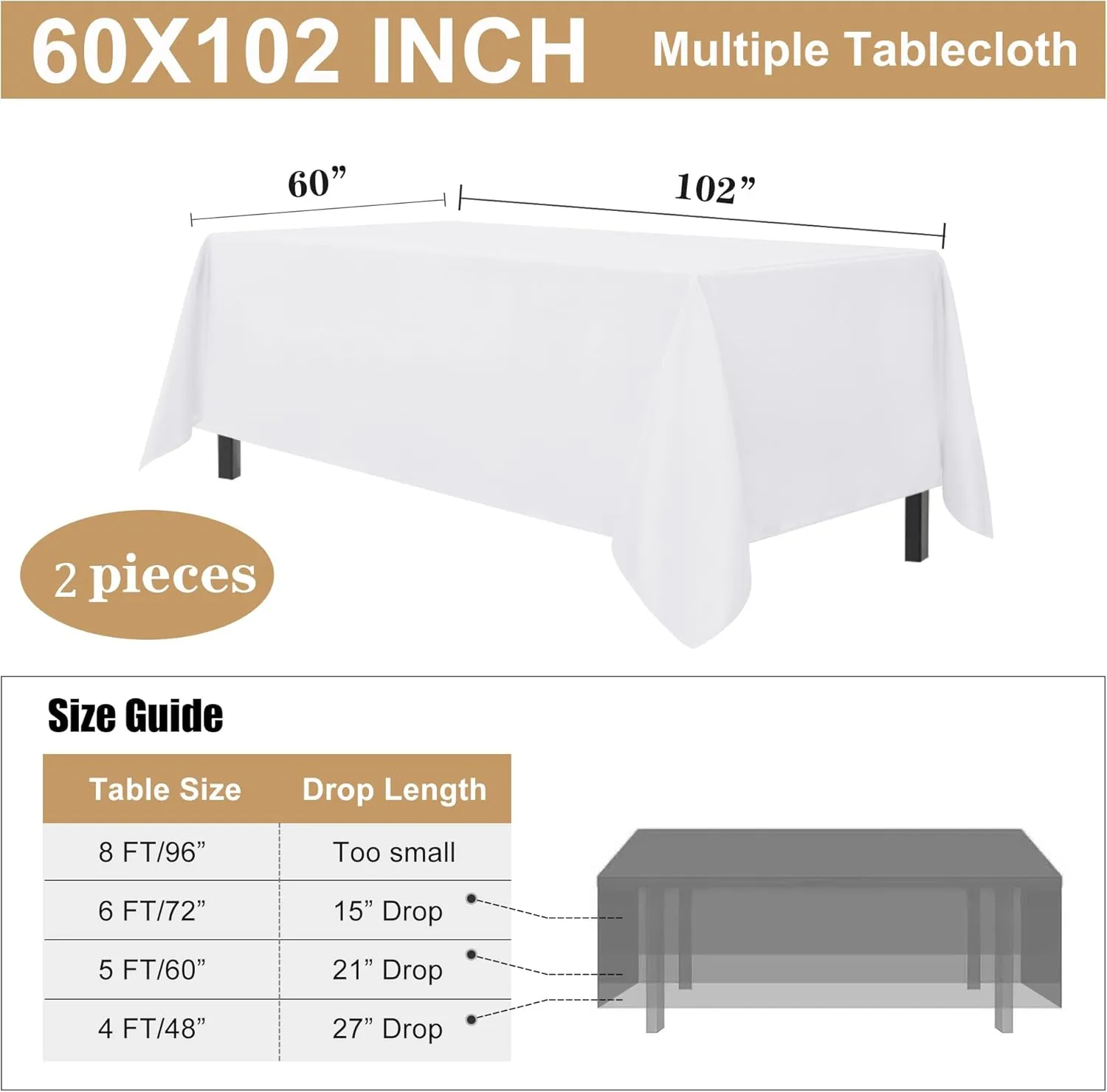 sancua 2 Pack White Tablecloth 60 x 102 Inch, Rectangle 6 Feet Table Cloth - Stain and Wrinkle Resistant Washable Polyester Table Cover for Dining Tables, Buffet Parties and Camping