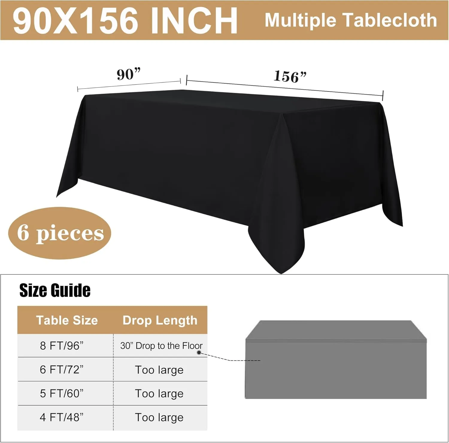 sancua 6 Pack Black Tablecloth 90 x 156 Inch - Rectangle Table Cloth for 8 Feet Tables Stain and Wrinkle Resistant Washable Polyester Table Cover for Dining Wedding Banquet Party Buffet Restaurant