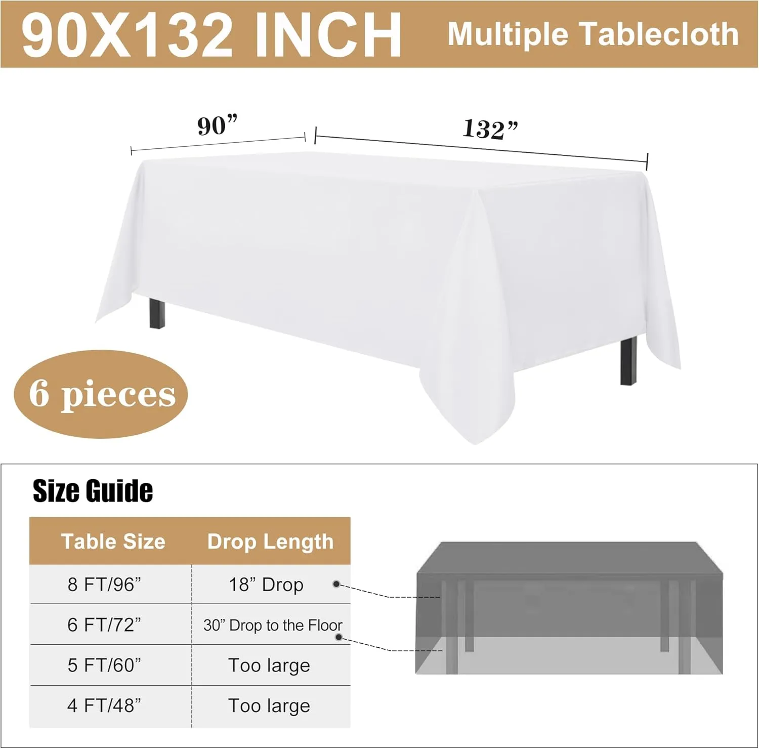 sancua 6 Pack White Tablecloth 90 x 132 Inch - Rectangle Table Cloth for 6 Feet Table Stain and Wrinkle Resistant Washable Polyester Table Cover for Dining Wedding Banquet Party Buffet Restaurant